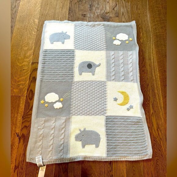 Pottery Barn Heirloom animal hippo elephant Patchwork Baby Blanket Sherpa Back - Picture 2 of 7